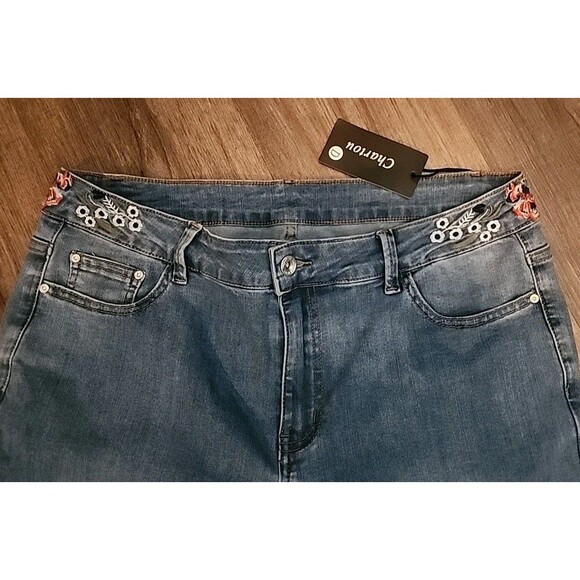 Charton Collection Jeans Womens Flare XL Med Wash Embroidered Flowers Wide-Leg - Picture 12 of 13